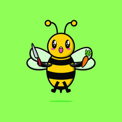 Cute cartoon bee character holding knife and carrot in modern style design 