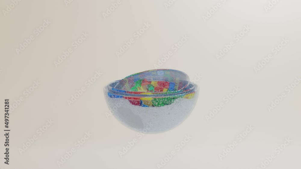Poster three transparent hemispheres of different sizes rotate on a gray background. looped animation. 3d r