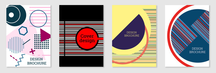 Set of cover design in Memphis style. Geometric design, abstract background. Fashionable bright cover, banner, poster, booklet. Creative colors.