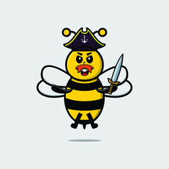 Cute cartoon mascot character bee pirate with hat and holding sword in modern design