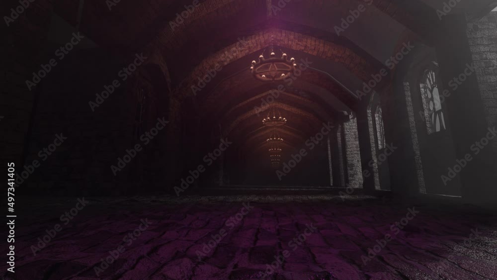 Poster movement along the endless corridor of an ancient castle with a red-violet glow. 3d render