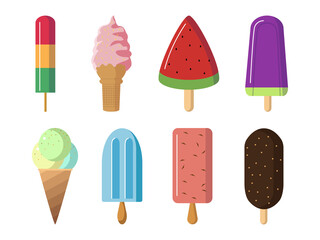 Vector illustration of natural appetizing ice cream on white background. Set homemade or street ice cream with various fillings in cartoon style.