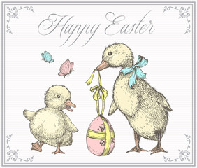 Easter Greeting Card with Hand Drawn Cute Ducklings Vector Illustration. Little Ducks holding Gift Egg Abstract Sketch. Spring Holiday Engraving Style Drawing Background Isolated