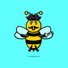 Cute cartoon pirate bee with hook hand in 3d modern style design