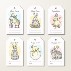 Happy Easter Greeting Cards or Ready-to-Use Gift Tags or Labels Templates Set. Hand Drawn Cute Animals and Birds Sketch Illustrations. Spring Holiday Celebration Design Layouts Bundle Isolated