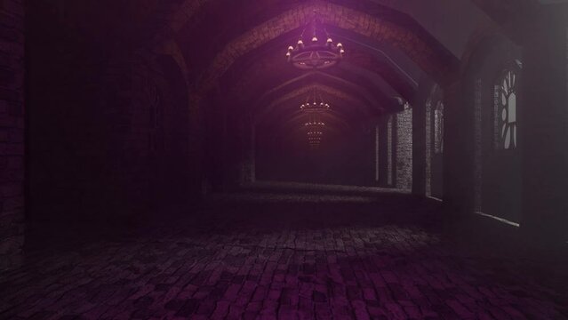 movement along the endless corridor of an ancient castle with a red-violet glow. 3d render