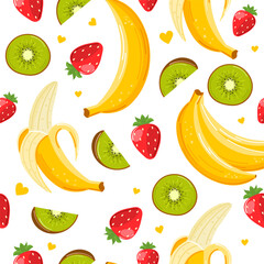 Seamless pattern with kawaii fruit drawing. Kids friendly pattern design with kiwi, banana and strawberry. The print is well suited for textiles, Wallpaper and packaging. Vector illustration.