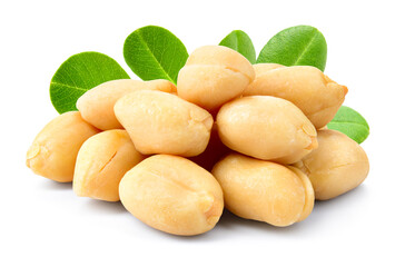 Peanut isolated. Peanuts heap with leaves on white background. Peeled group of nuts. Clipping path....