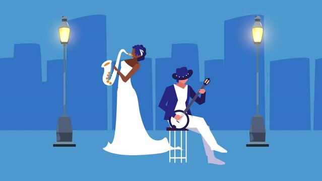 musicians couple playing instruments on the city