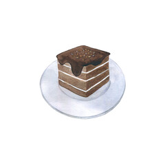 Chocolate cake on a plate. Watercolor drawing of food.
