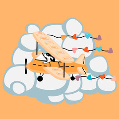 Childish background with airplane ,dog pilot and cloud in cartoon.Biplane with garlands of colored hearts.Hand drawn vector flat illustration for design cards,posters,printing on fabrics and paper.