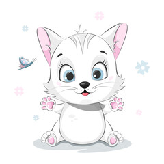 Cute and funny cartoon kitten with a butterfly