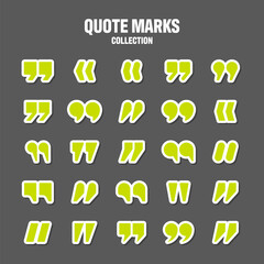 Quotation marks vector collection. Green quotes icon. Colorful stickers collection. Speech mark symbol.