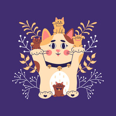 Maneki neko, japanese lucky cat, fortune symbol. Cute kitty character of oriental flat vector illustration