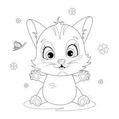 Obraz premium Coloring page. Cute and funny cartoon kitten with a butterfly