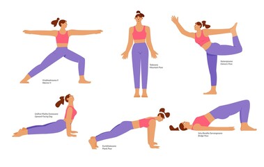 Set of yoga asanas, poses. Woman practicing yoga. Flat vector illustration, isolated characters