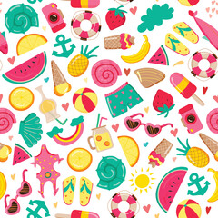 Marine seamless pattern on a white background. Cute summer icons. Tropical holidays. Summer beach. Hand drawn. Vector illustration.