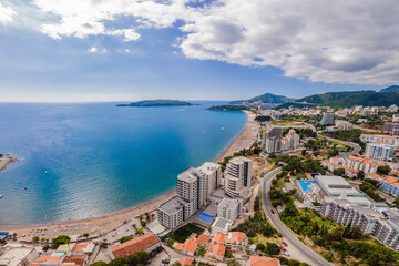 Fototapeta na wymiar Aerophotography. View from flying drone. Panoramic cityscape of becici, Budva, Montenegro. Top View. Beautiful destinations