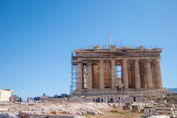 The ancient building of the Parthenon in the Acropolis under construction, Athens, Greece.