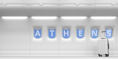 Athens text on an airplane portholes. 3d rendering