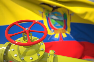 Oil or gas pipeline valve and flag of Ecuador. 3d rendering