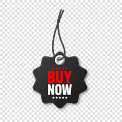 Obraz na płótnie Canvas Realistic black price tag. Special offer or shopping discount label. Retail paper sticker. Promotional sale badge with text. Vector illustration.