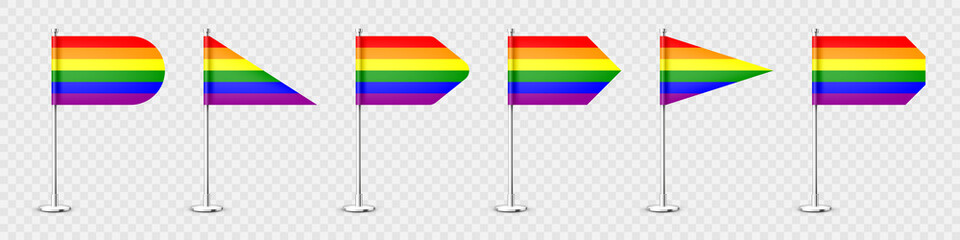 Realistic various table flags on a chrome steel pole. Rainbow LGBT desk flag made of paper or fabric. Shiny metal stand. Mockup for promotion and advertising. Vector illustration