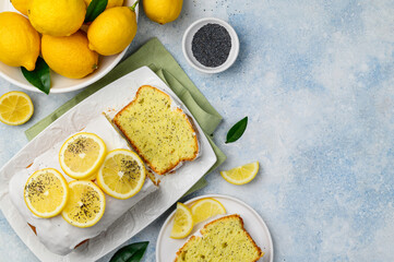 Fototapeta na wymiar Lemon cottage cheese cake with poppy seeds on a white dish. Citrus fruit bakery. Top view. Copy space