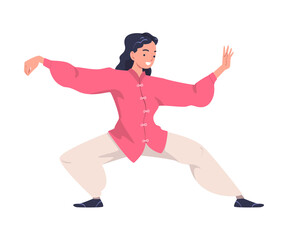 Woman Character Practicing Tai Chi and Qigong Exercise as Internal Chinese Martial Art Vector Illustration