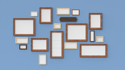 3d mockup image of wooden rimmed frames with blue wall background.