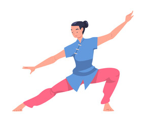 Woman Character Practicing Tai Chi and Qigong Exercise as Internal Chinese Martial Art Vector Illustration