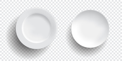 Two empty white plates, transparent background vector round 3d plate illustration, for additional food advertising design elements