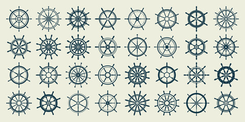 Collection of vintage steering wheels. Ship, yacht retro wheel symbol. Nautical rudder icon. Marine design element. Vector illustration - obrazy, fototapety, plakaty