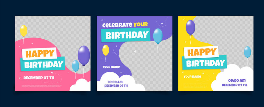 cute happy birthday social media post with balloons