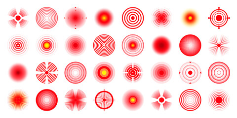 Pain localization marks. Painful area, aching spot. Red circles, targets. Headache, bruised body part marker. Back, neck, muscle pain symbol. Healthcare ad, medical information. Vector illustration.