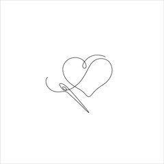 Heart and needle, sewing, greeting card, continuous line drawing, small tattoo, print for clothes and logo design, heart isolated abstract vector illustration.