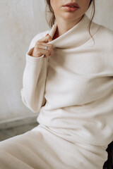 clothes close-up white. model girl. clothing brand. minimalism