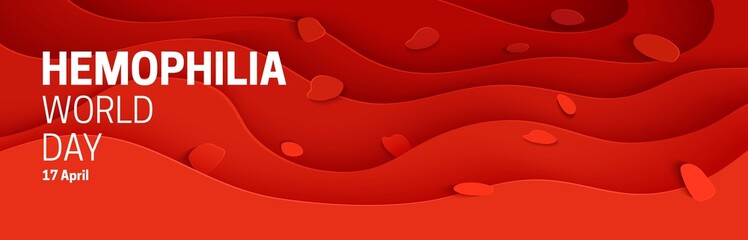 World Blood Donor Day poster in paper cut style. 3d red background with liquid waves. Vector card illustrations for leukemia or hemophilia concept. Medical health care flyer with inside view artery