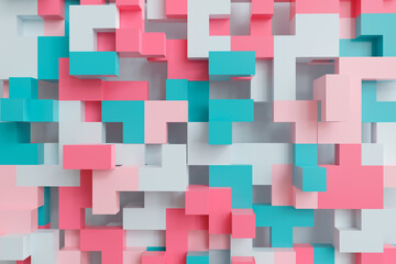 3D rendering colorful abstract geometric wall with cubes. Background horizontal format with pastel colors and offset elements. Abstract shapes from tetris game. 