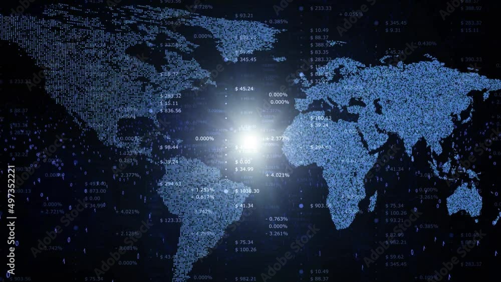 Poster business network data with world map on artistic shiny animation background.