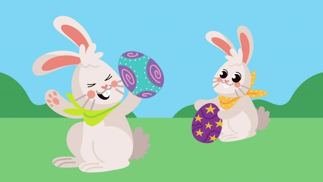 happy easter animation with rabbit and eggs scene