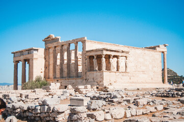 Erechtheion ancient greek temple building with columns, Athens, Greece.