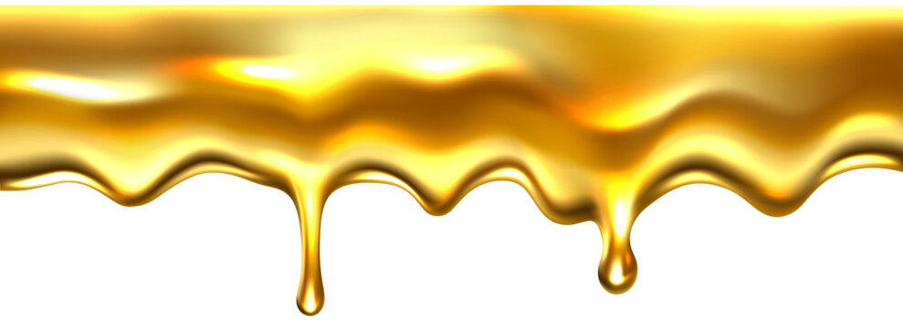 Dripping honey drops, gold realistic seamless border, liquid yellow syrup splashes, glossy drip with falling droplets, flow oil or sweet caramel element illustration isolated on transparent background. 3d vector