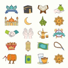 Set of Islamic doodle element related to holly Ramadan. Illustration vector graphic. Design concept Islamic symbols and icons with HandDrawn Sketch style, Perfect for holy Muslim festival Ramadan.