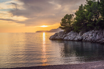 Panoramic summer landscape of the beautiful green Royal park Milocer on the shore of the the Adriatic Sea, Montenegro