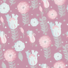 Seamless pattern with flowers. Raster illustration for packaging design, wrapper, scrapbooking or postcard. Watercolor stylization. Blue and pink flowers against a dark background. Floral ornament.