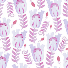 Fototapeta na wymiar Seamless pattern with pink flowers. Raster illustration for packaging design, wrapper, scrapbooking or postcard. Floral ornament.