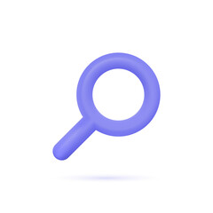 3d magnifying glass icon in minimalistic cartoon style. purple is an optical tool for finding details and reading fine print.