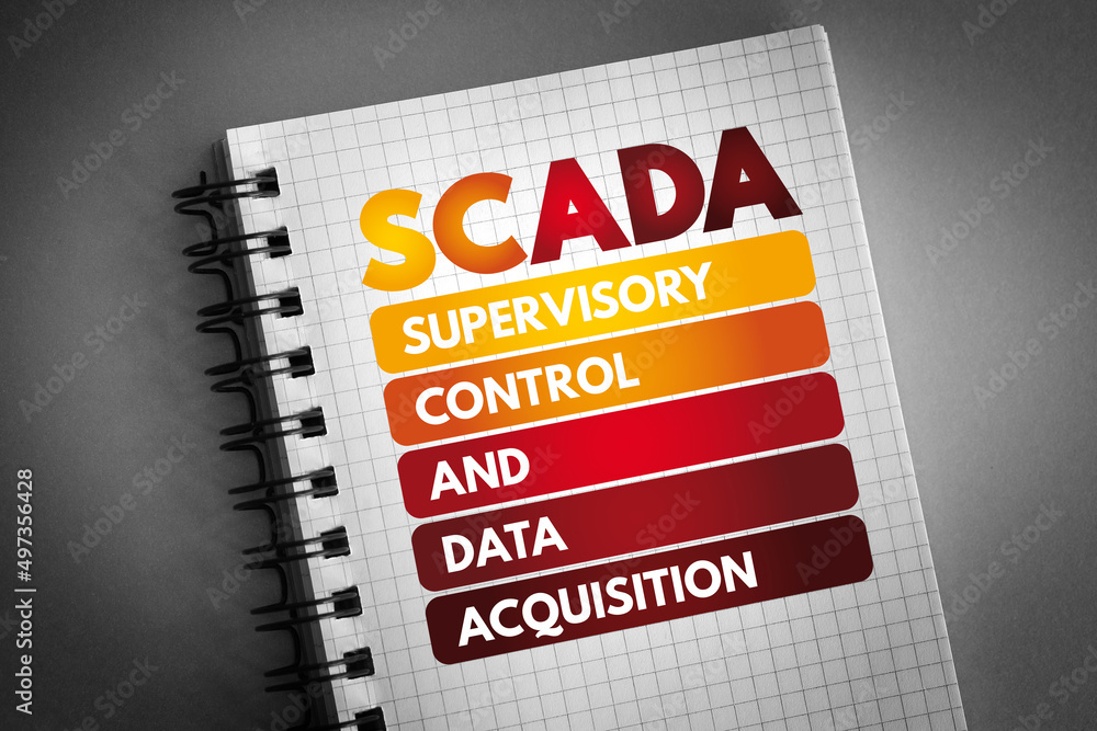 Poster scada - supervisory control and data acquisition acronym on notepad, technology concept background