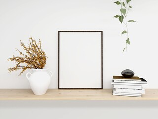 Vertical frame mockup with ornamental plant, books and table decoration. 3d rendering, interior design, 3d illustration